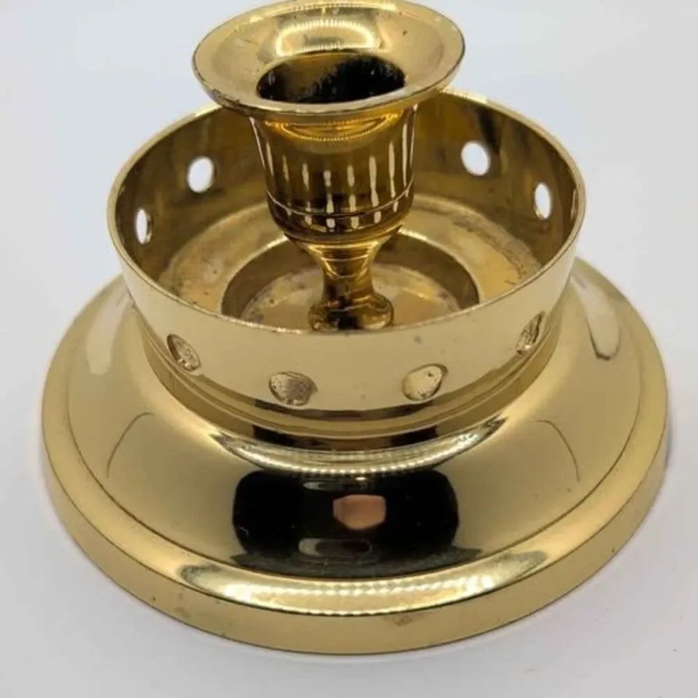 Vintage Lacquered Brass Candlestick Holder Gallery Perforated Rim Made in India